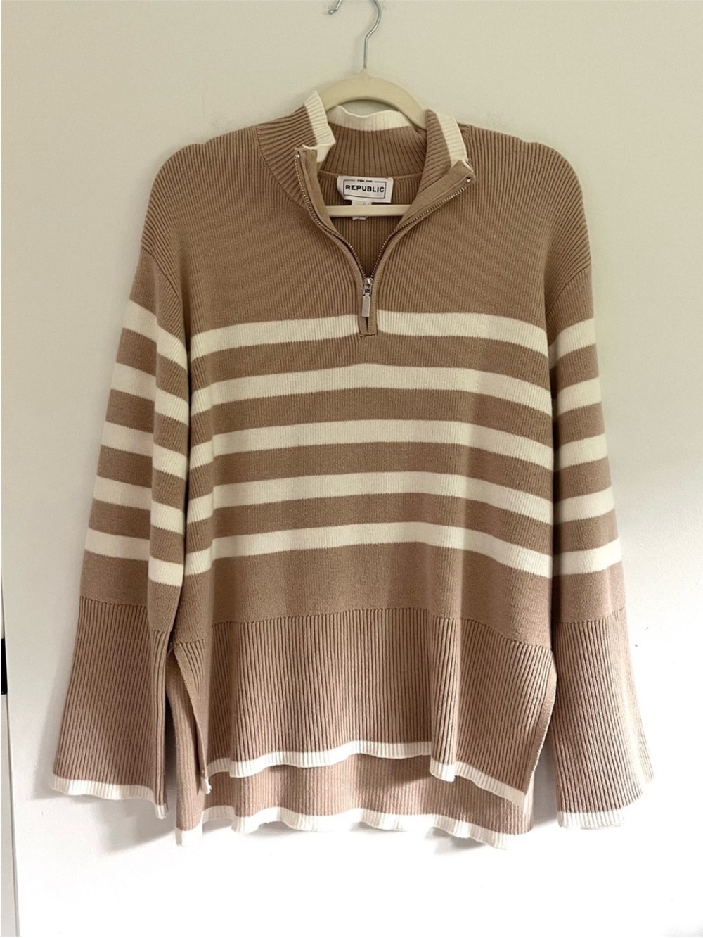 For The Republic Tan White Striped 1/4 Zip Sweater Slouchy Oversized Minimalist